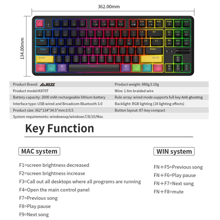 Ajazz K870T 87-Key Hot Swap Bluetooth/Wired Dual Mode RGB Backlight Office Game Mechanical Keyboard Tea Shaft (Black) by Ajazz
